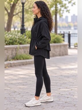 Zella Black Hooded Cinch-Waist Zip-Up Rain Jacket